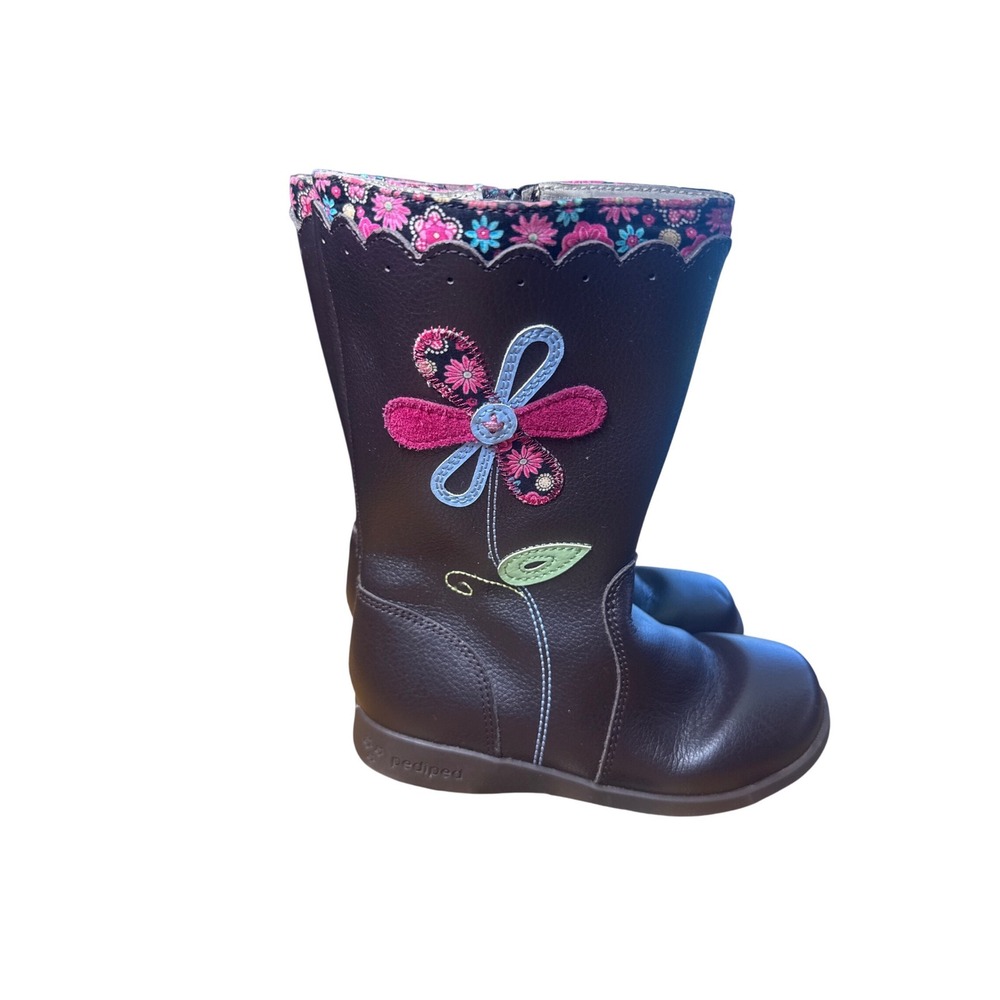 Pediped Flex Girls Brown Leather Floral Applique Zip Boots Size 11-11.5 EU 28